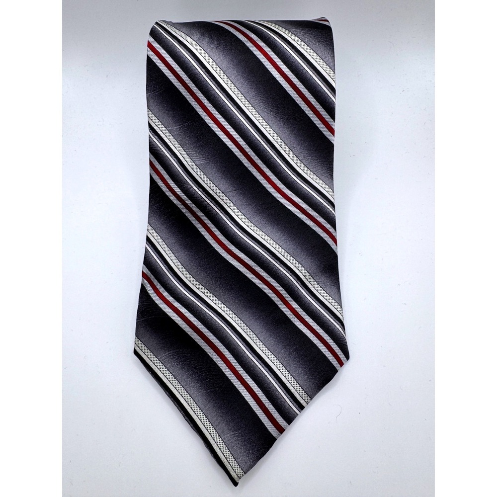 Pierre Cardin Silk Tie Mens Charcoal Grey Silver‎ Red Striped Classic Necktie 4"